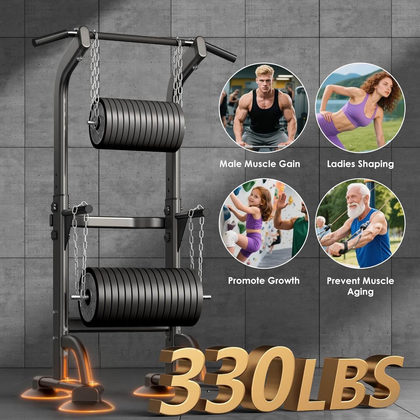 Gym weight rack with weight plates and images of people exercising on a gray tiled background.