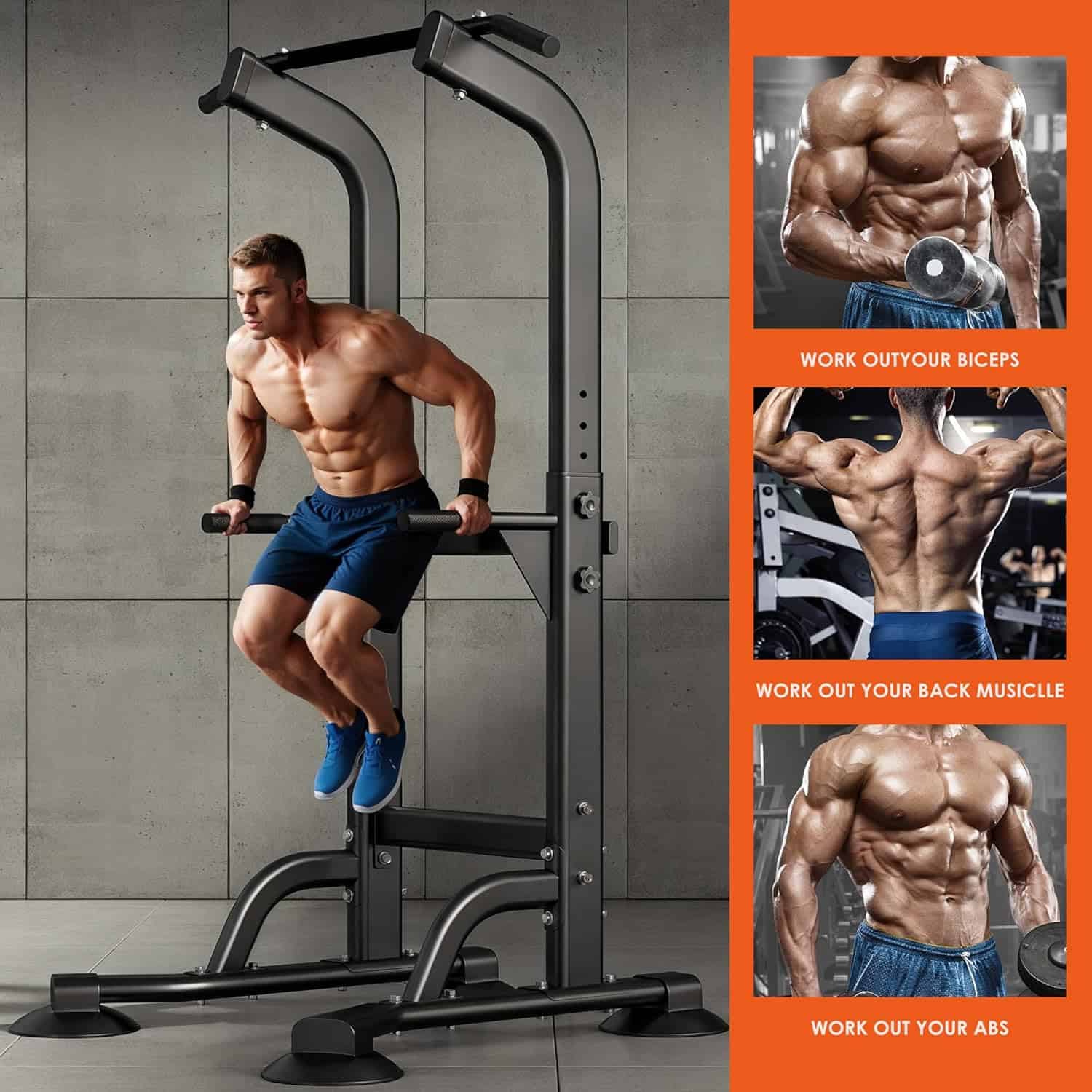 Man exercising on a pull-up bar with fitness promotional graphics on the right.