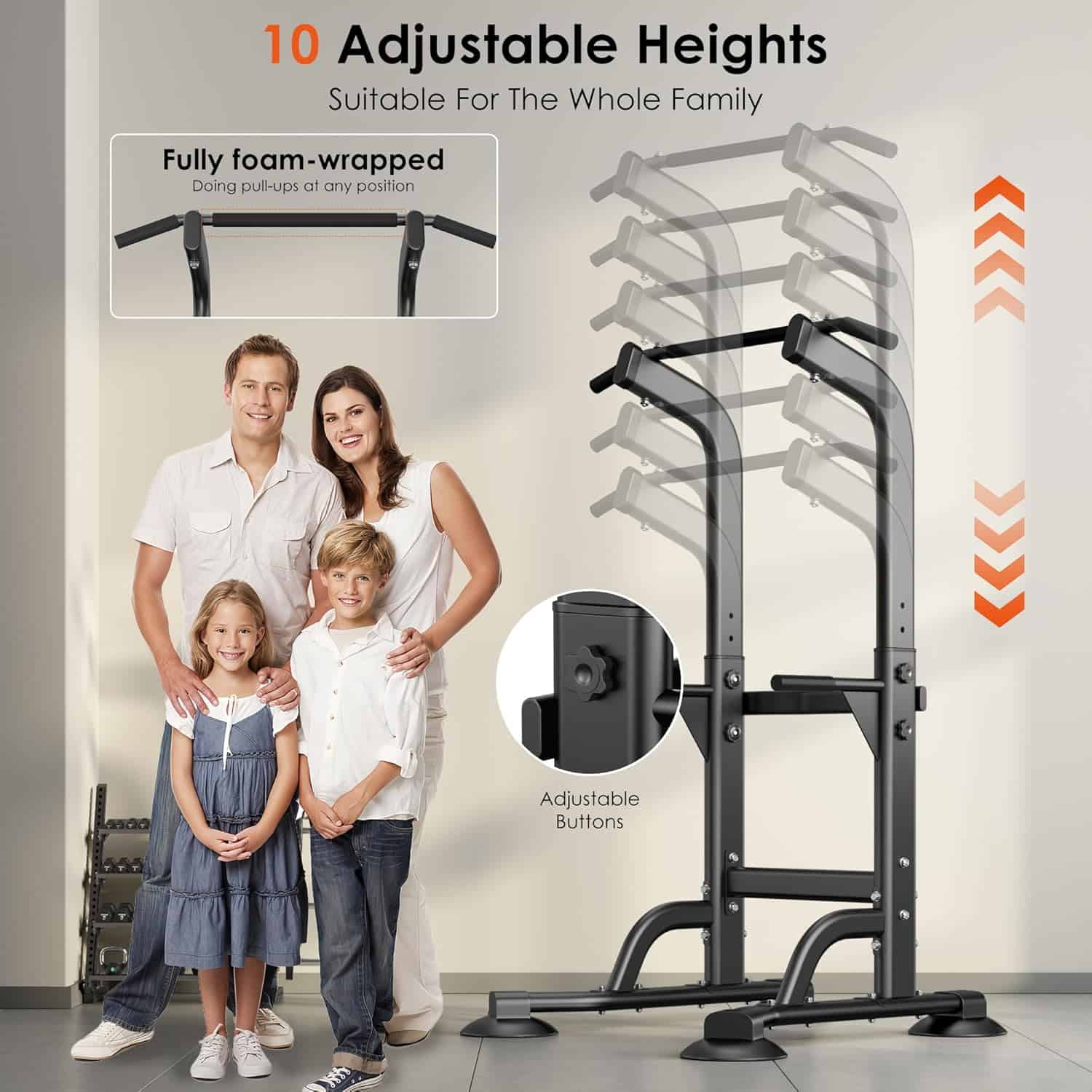Family standing next to a adjustable height fitness station with text highlighting its features.