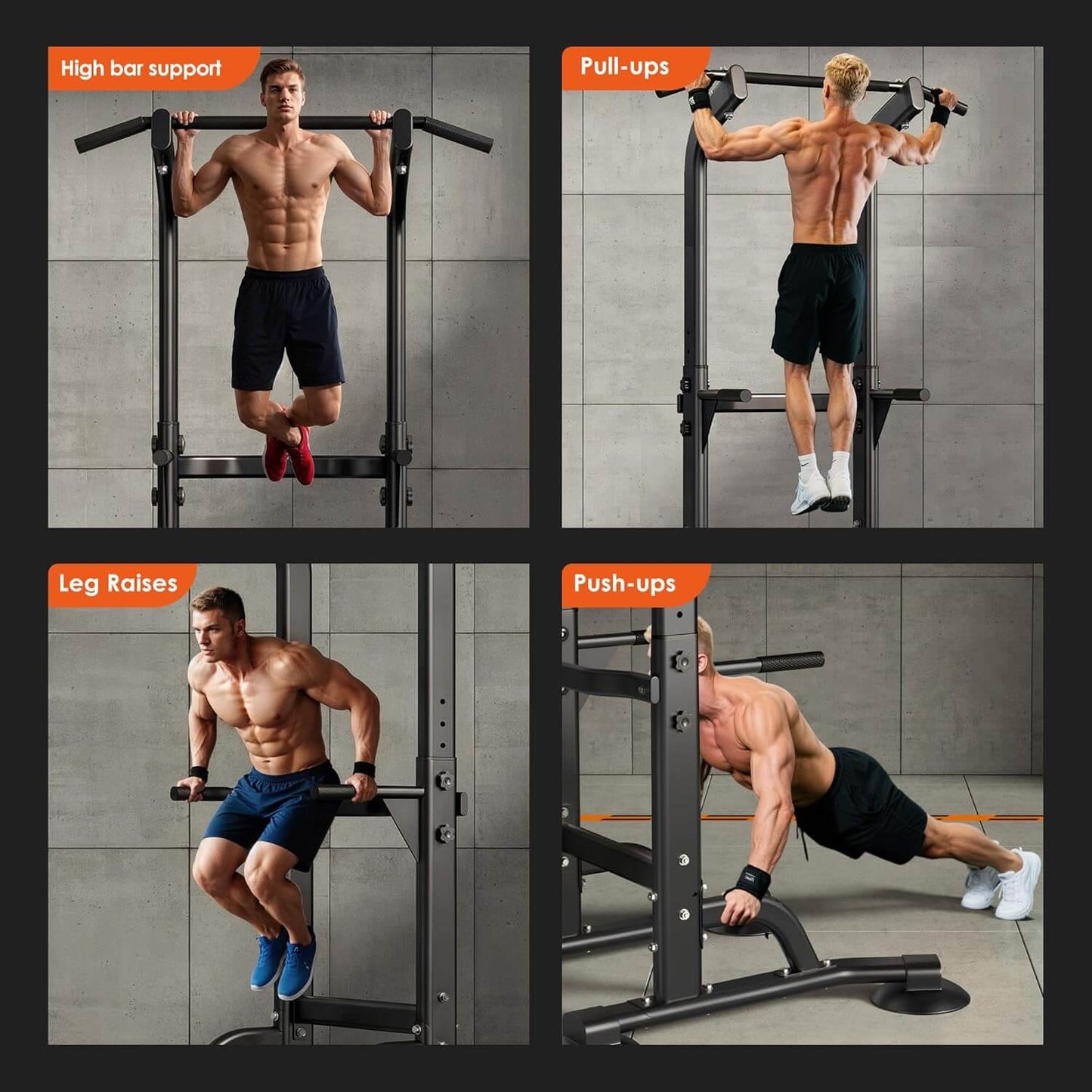 Man performing various exercises on a pull-up bar and squat rack.