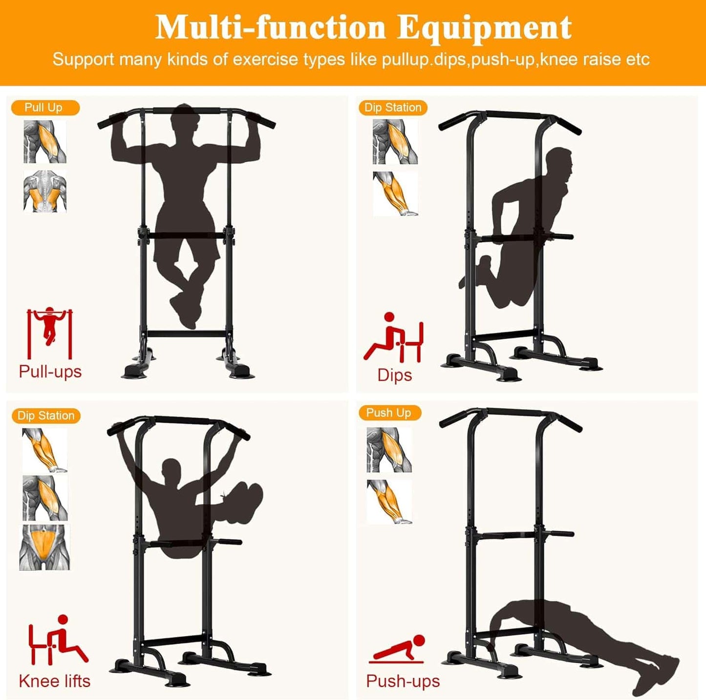 Multi-function exercise equipment with various workout illustrations on a white background