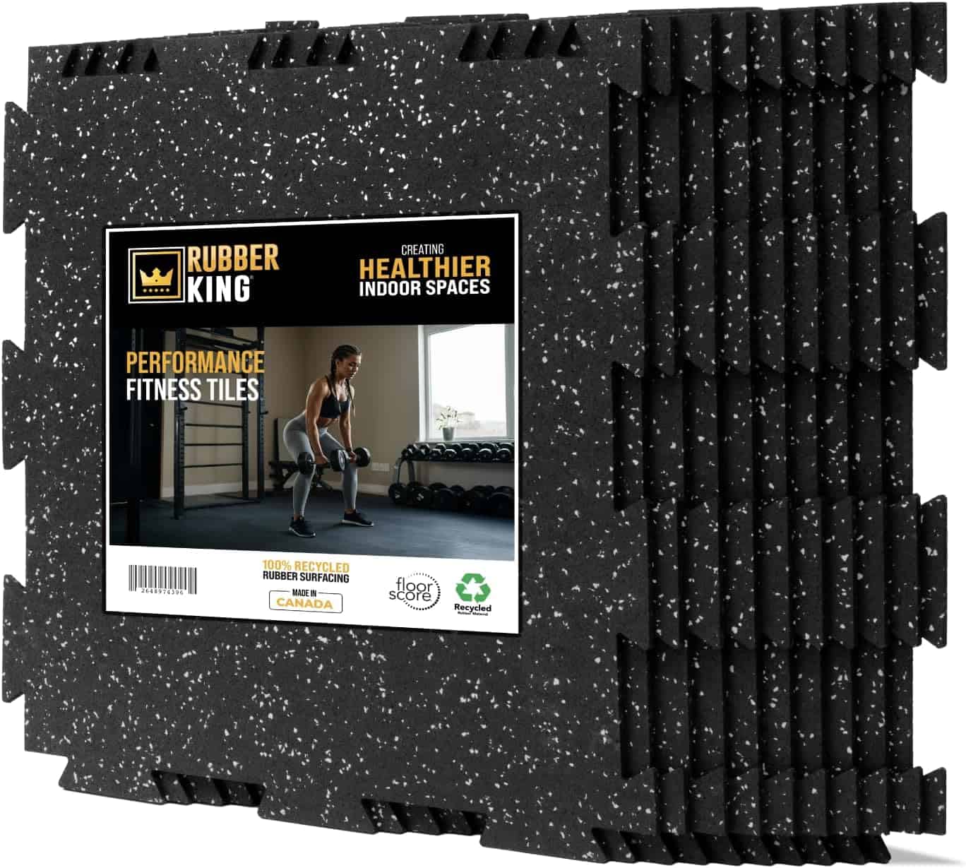 Stack of black rubber fitness tiles with a 'Rubber King' label on a white background