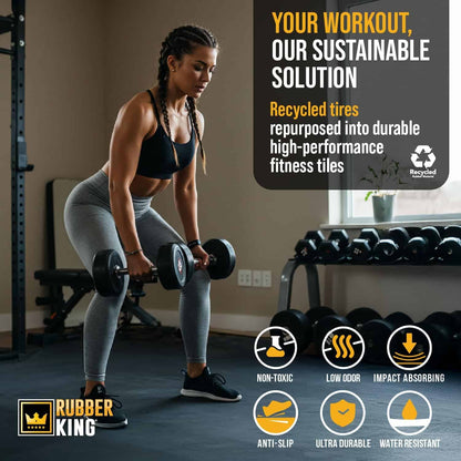 Woman exercising with dumbbells in a gym setting, featuring Rubber King branding and sustainability message.