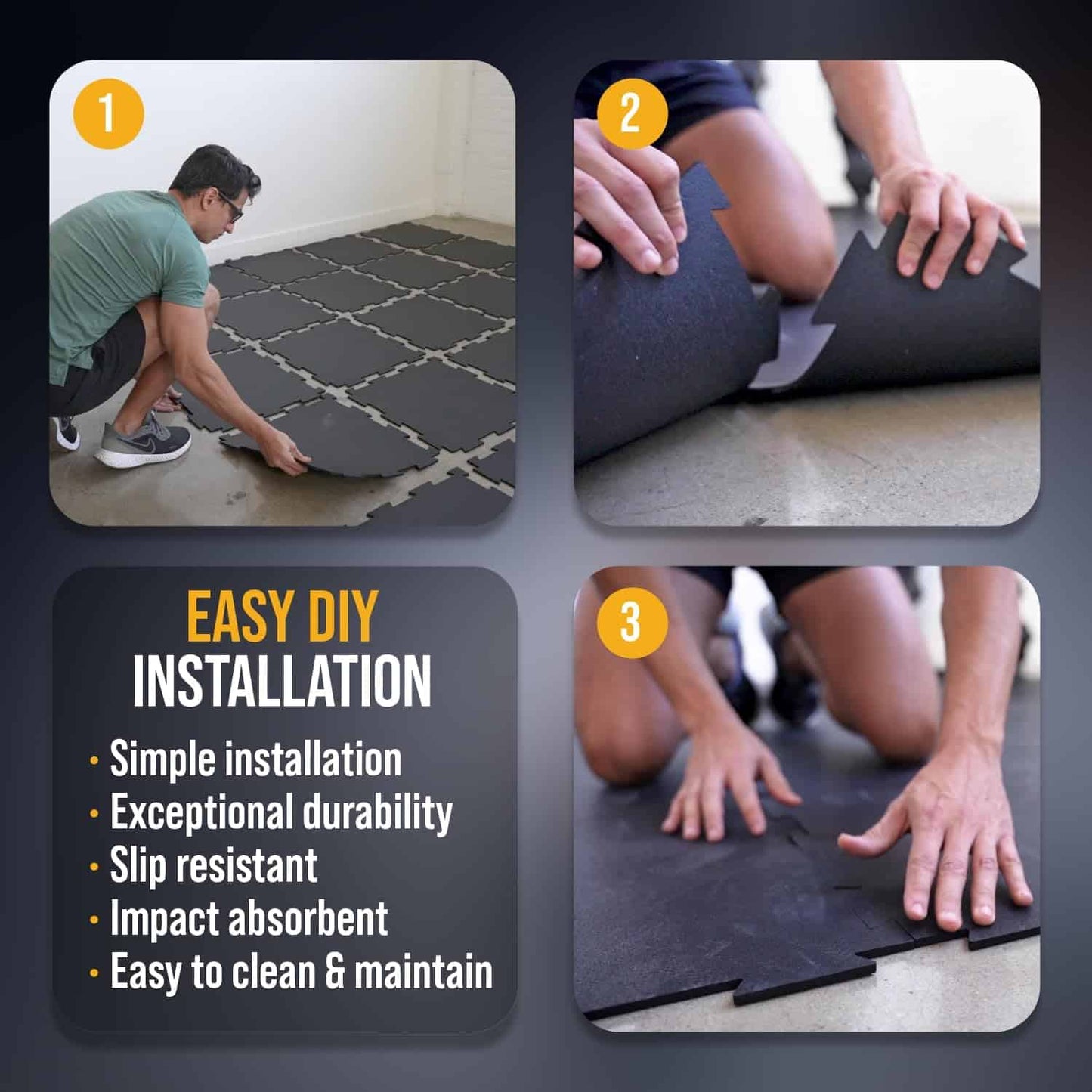 Installation process of a flooring product with text highlighting features.