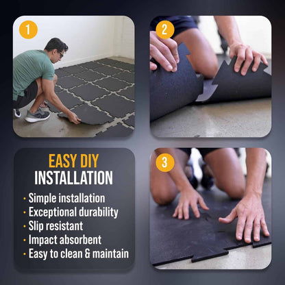 Installation process of a flooring product with text highlighting features.