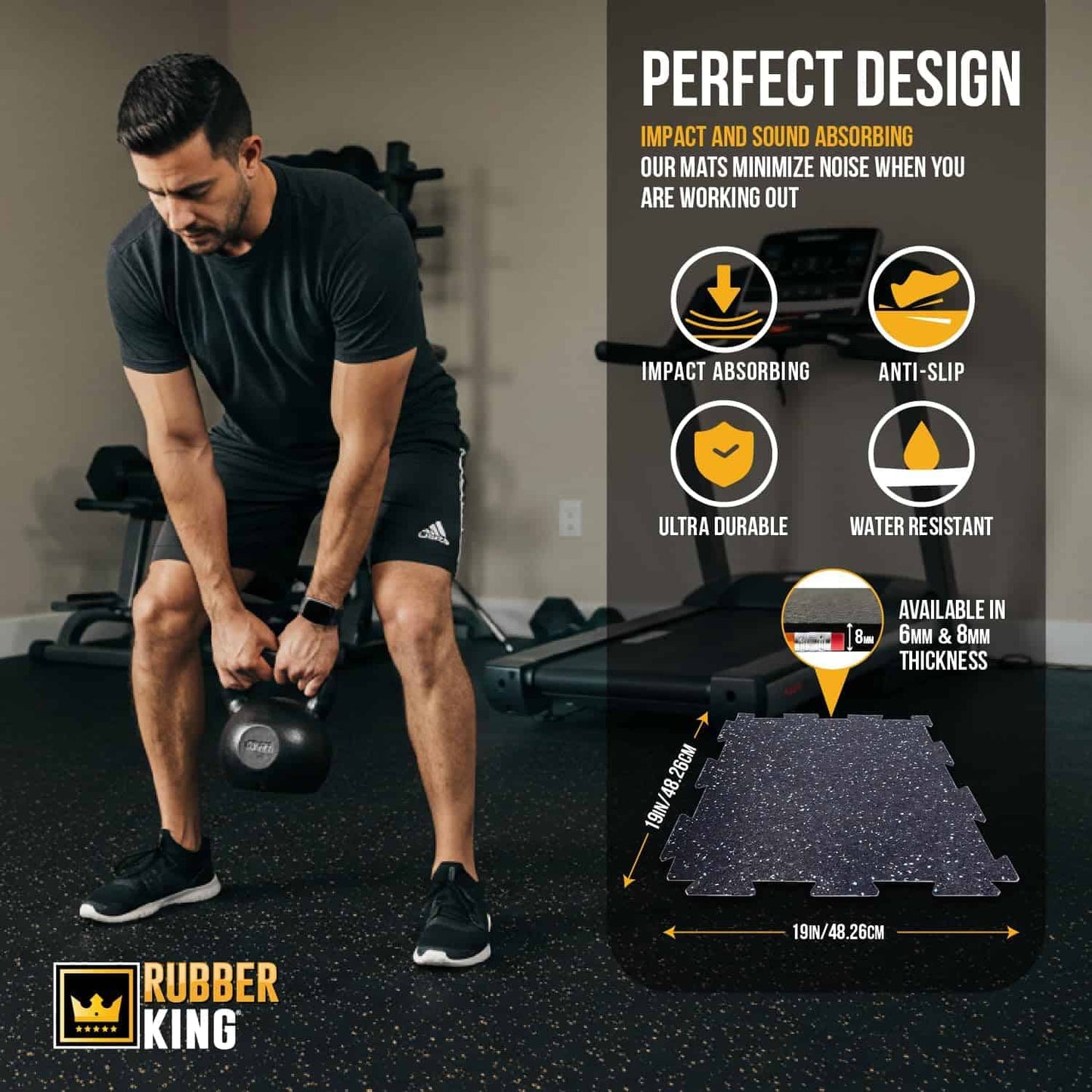 Man exercising with a kettlebell on a Rubber King mat, showcasing product features.