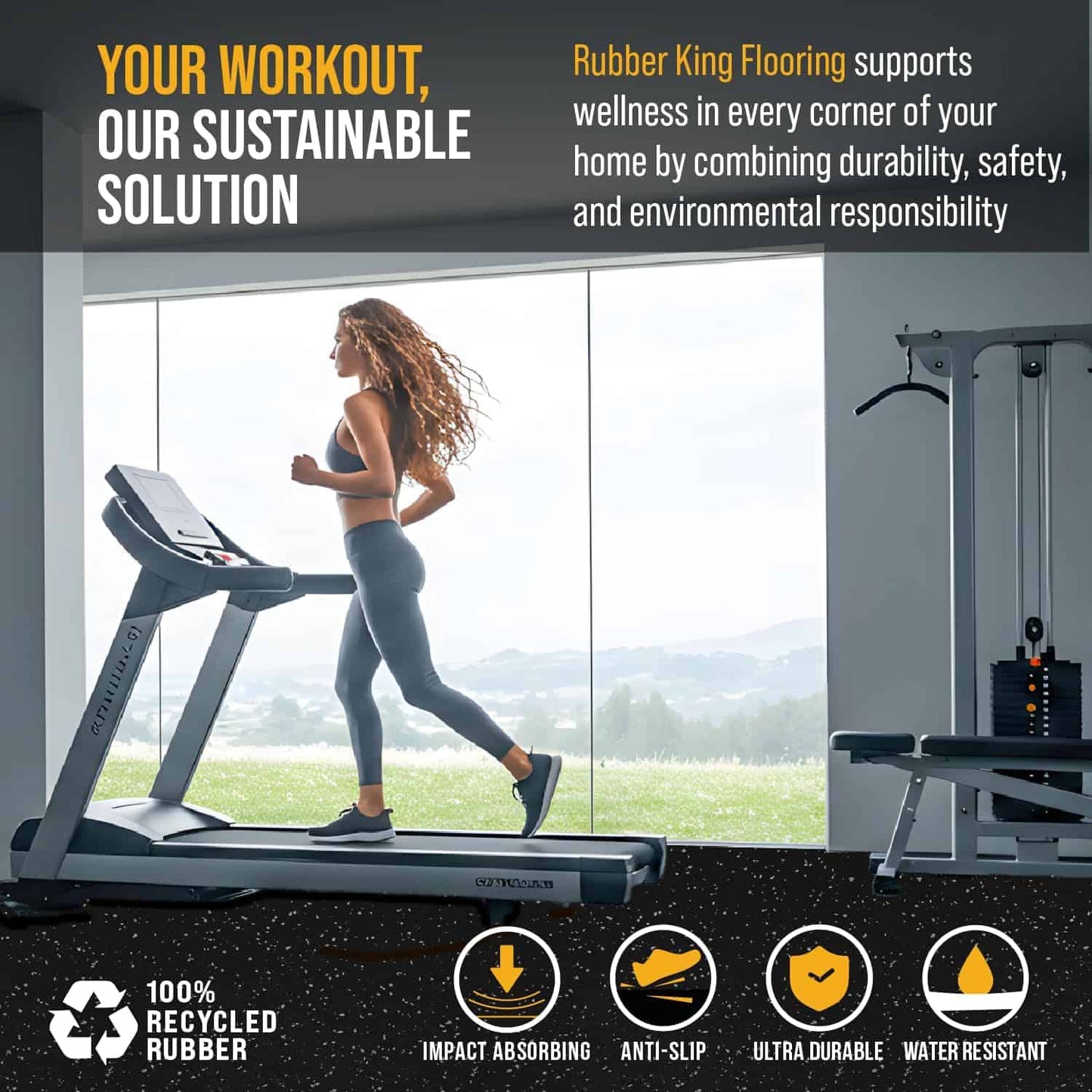 Woman on a treadmill with text about Rubber King Flooring's benefits