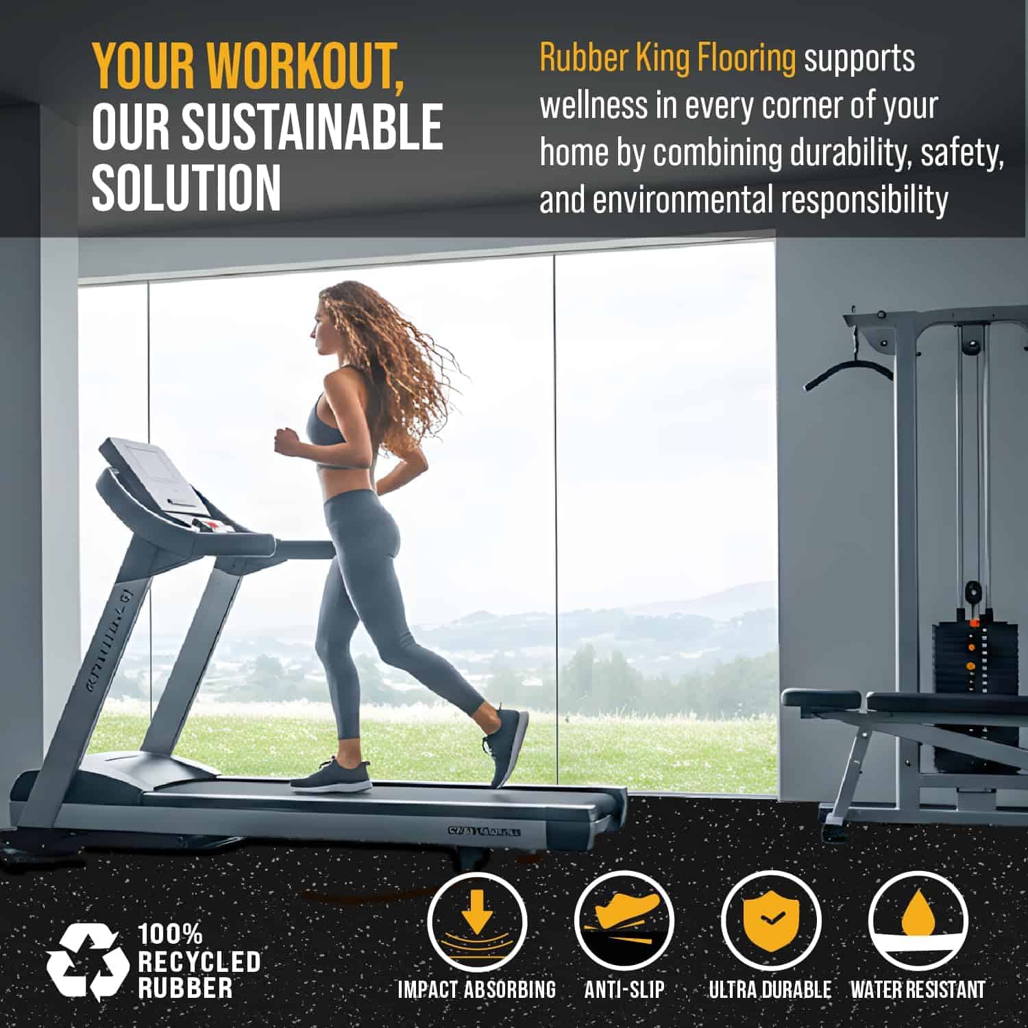 Woman on a treadmill with text about Rubber King Flooring's benefits