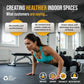 Woman in a gym setting with text about creating healthier indoor spaces and product features.