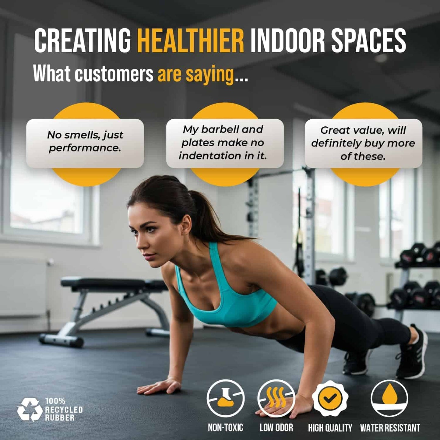 Woman in a gym setting with text about creating healthier indoor spaces and product features.