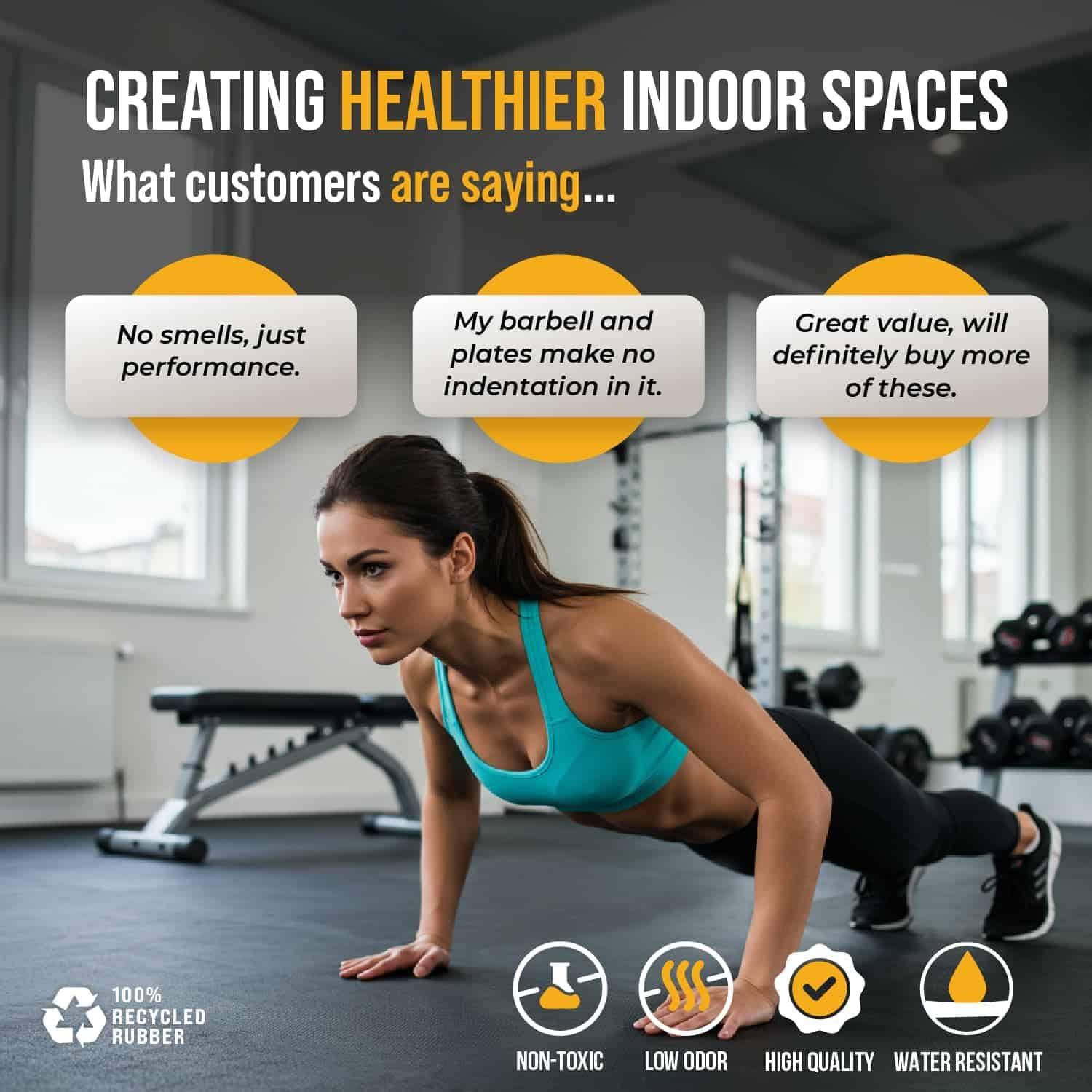 Woman in a gym setting with text about creating healthier indoor spaces and product features.