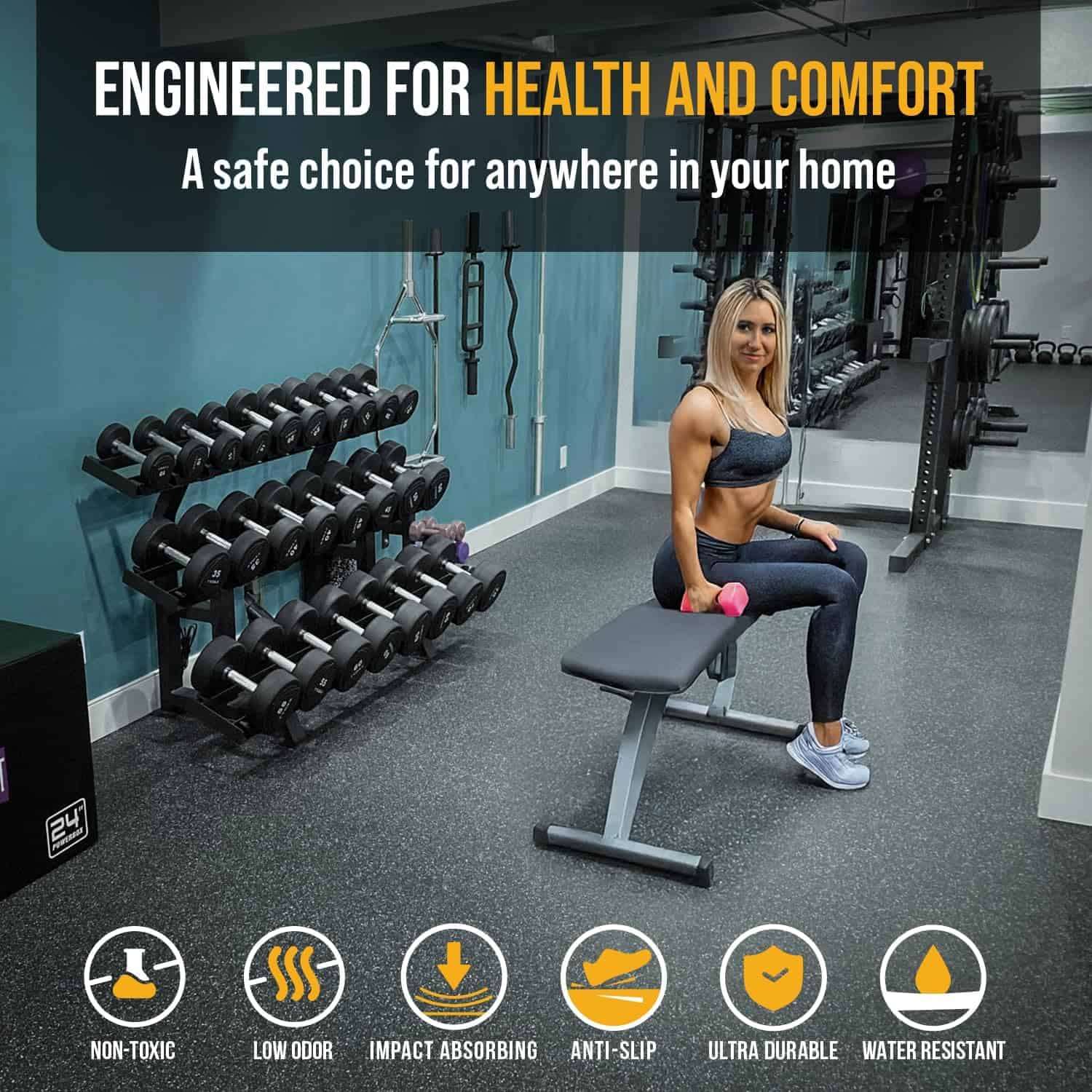 Rubber King 10-Piece Interlocking Gym Floor Tiles – 19” x 19” x 6mm, 100% Recycled Rubber Exercise Mats, Slip-Resistant Low-Odor Flooring for Home Gym, 23.5 sq ft Dinoflex