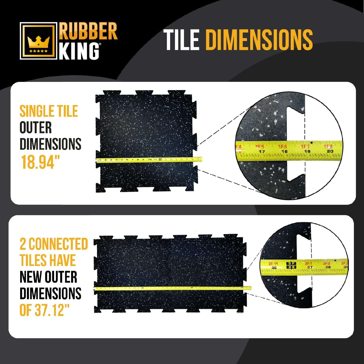 Rubber King tile dimensions chart with measurements and illustrations.