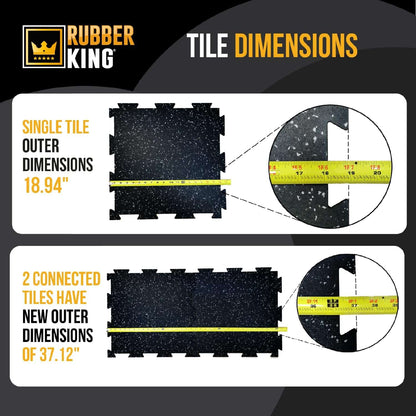 Rubber King tile dimensions chart with measurements and illustrations.