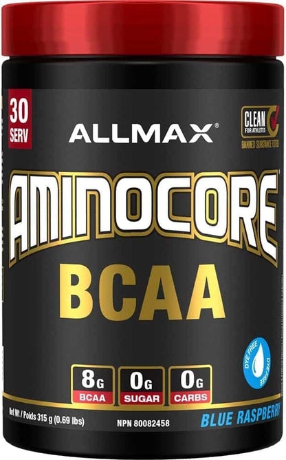 Allmax Aminocore BCAA supplement container with red lid and black body.