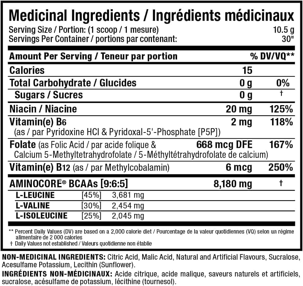 Nutritional label for a supplement with detailed ingredient information and serving size.