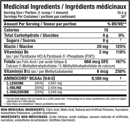 Nutritional label for a supplement with detailed ingredient information and serving size.