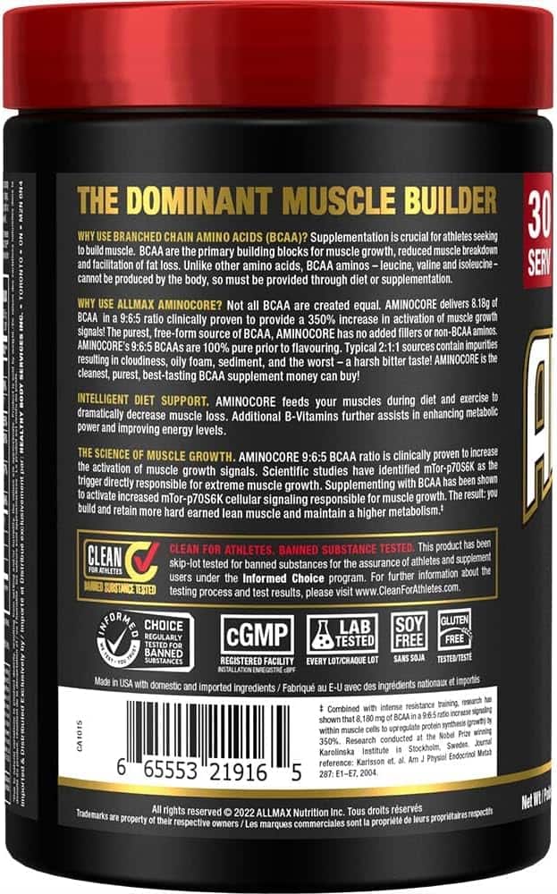 Supplement container with red lid and black label detailing product information.