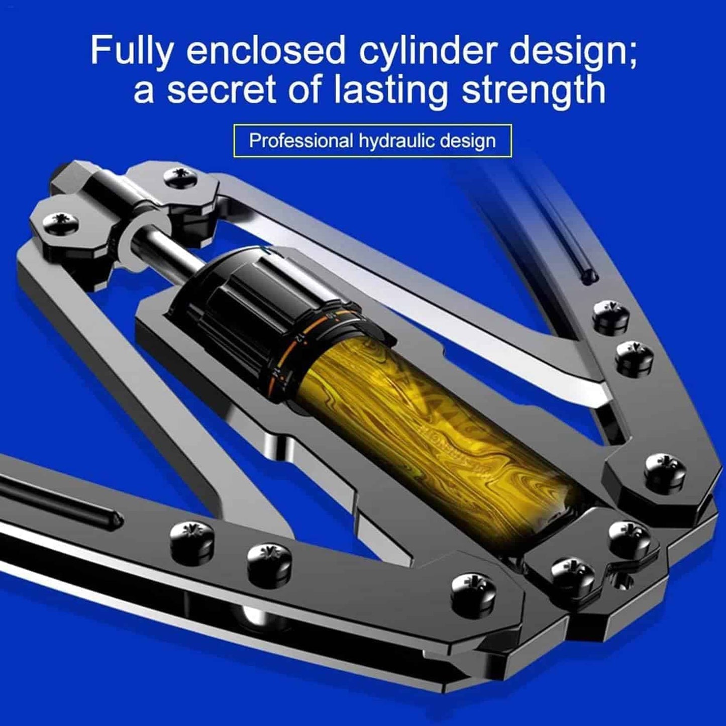 Metallic tool with yellow interior on a blue background, highlighting 'fully enclosed cylinder design'.