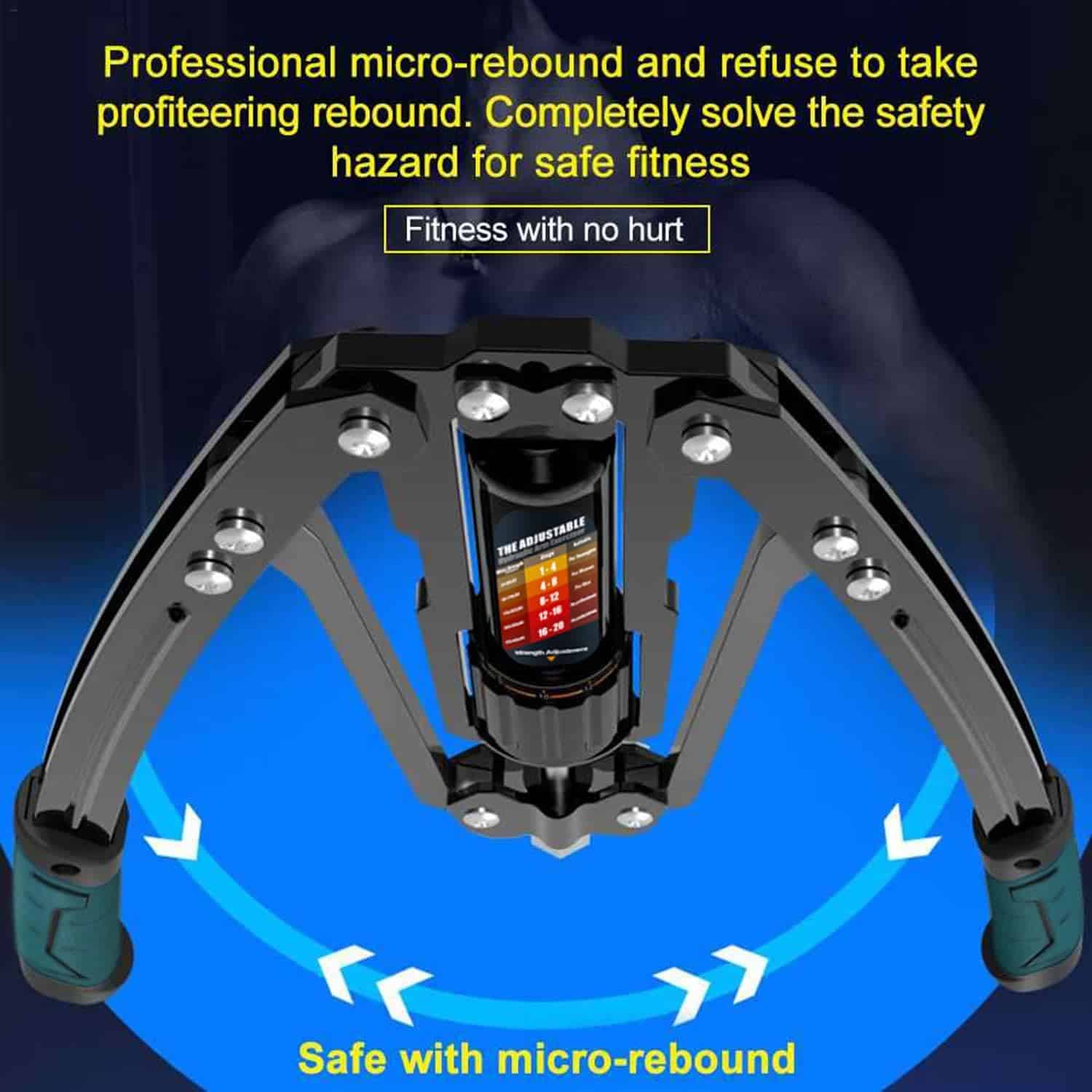 Fitness equipment with text about safety and rebound technology on a blue and black background