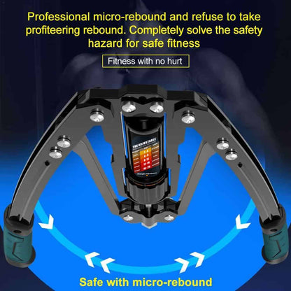 Fitness equipment with text about safety and rebound technology on a blue and black background