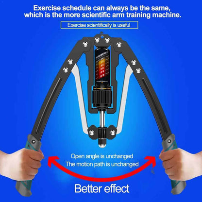 Arm training machine with text on a blue background
