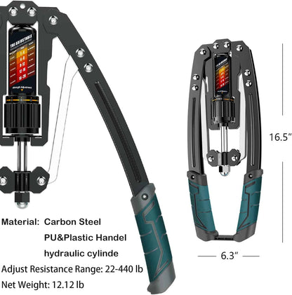 Two views of a carbon steel resistance band with hydraulic cylinder, material details, and dimensions.