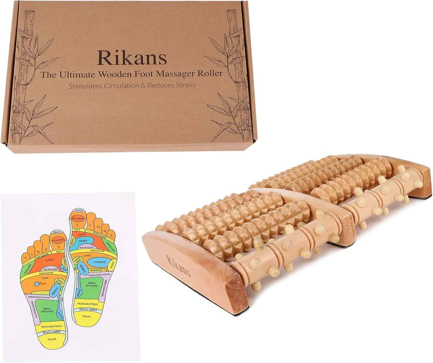 Rikans Wooden Foot Massager Roller – Large Dual Arch with packaging and foot reflexology chart.