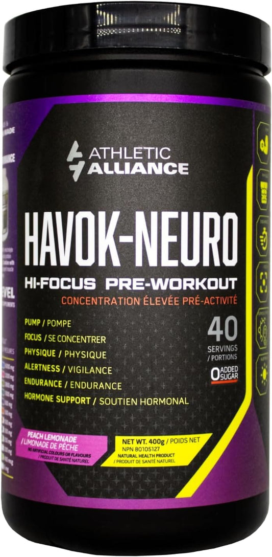 Pre-workout supplement container labeled 'Havok Neuro' by Athletic Alliance on a black background.