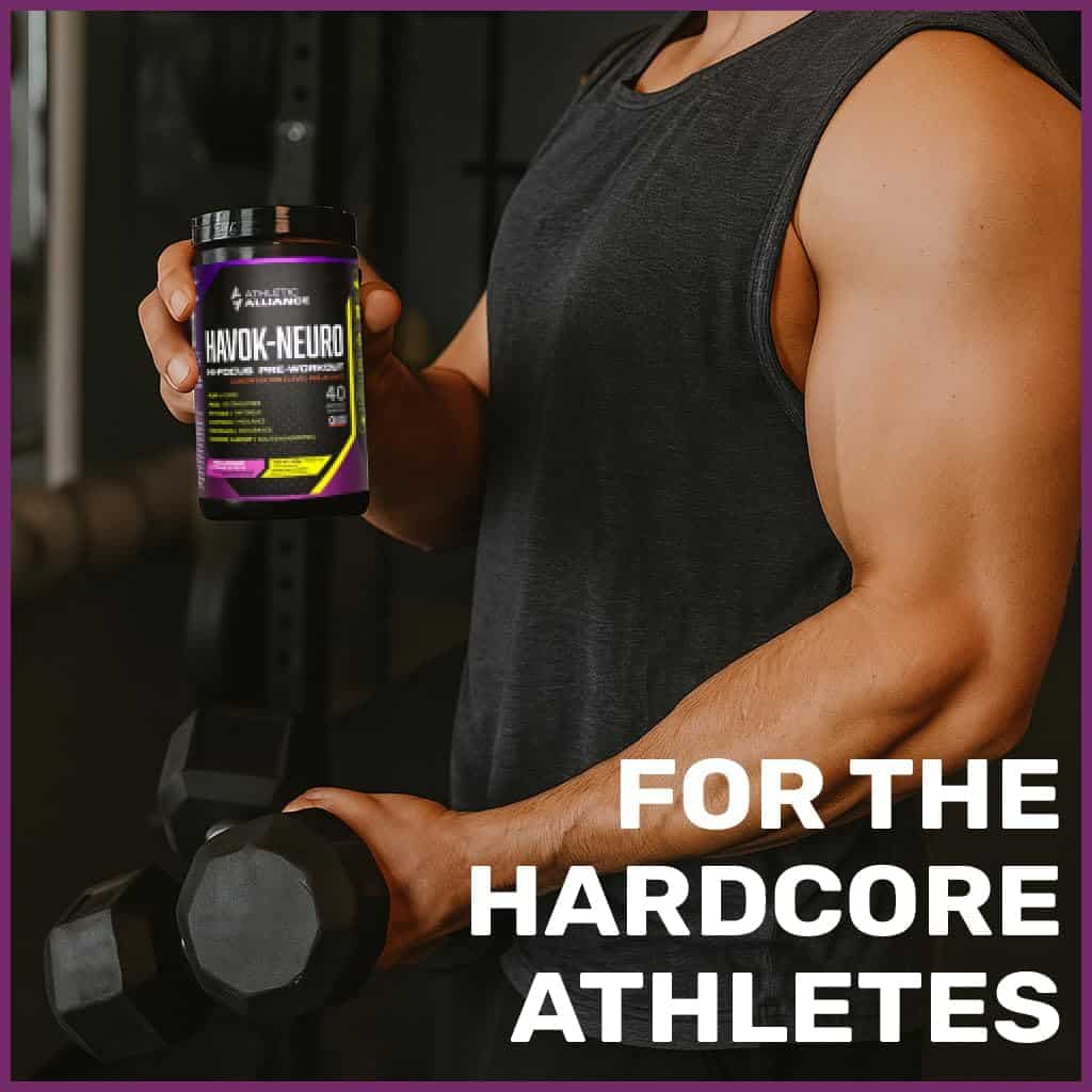 Person holding a supplement container with text 'For the Hardcore Athletes' in a gym setting