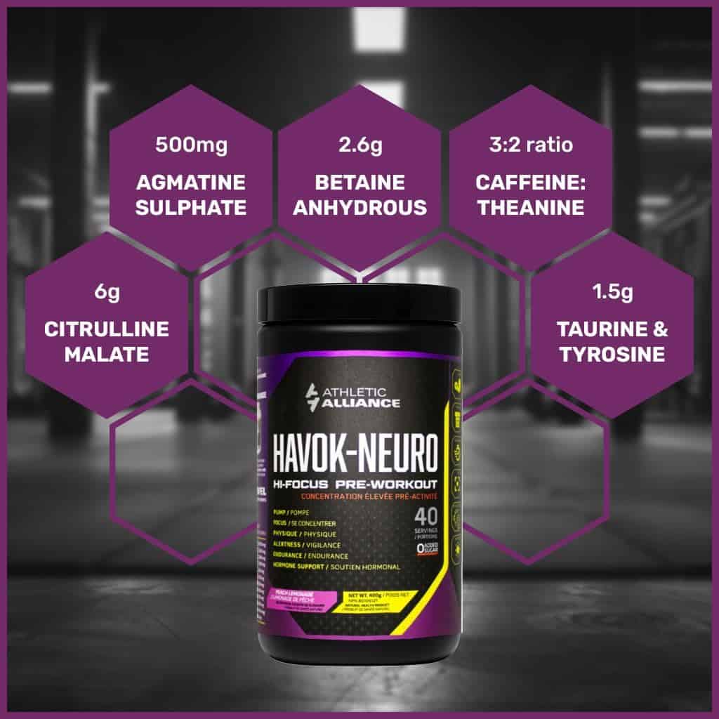 Pre-workout supplement container with ingredient information on a dark background