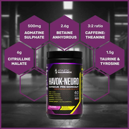 Pre-workout supplement container with ingredient information on a dark background