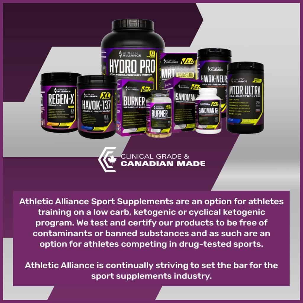 Collection of Athletic Alliance sport supplements on a purple and gray background
