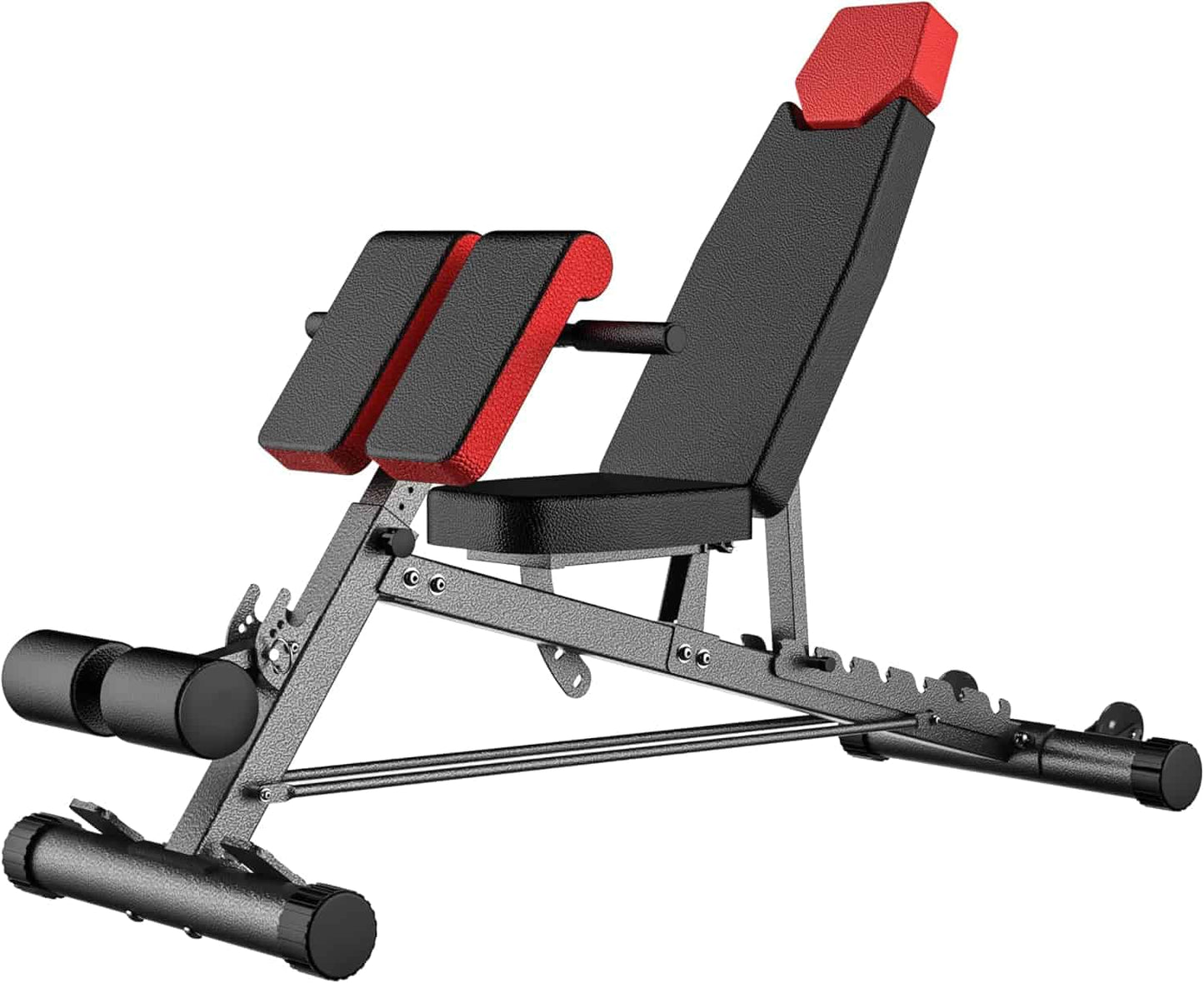 Black and red adjustable weight bench on a white background