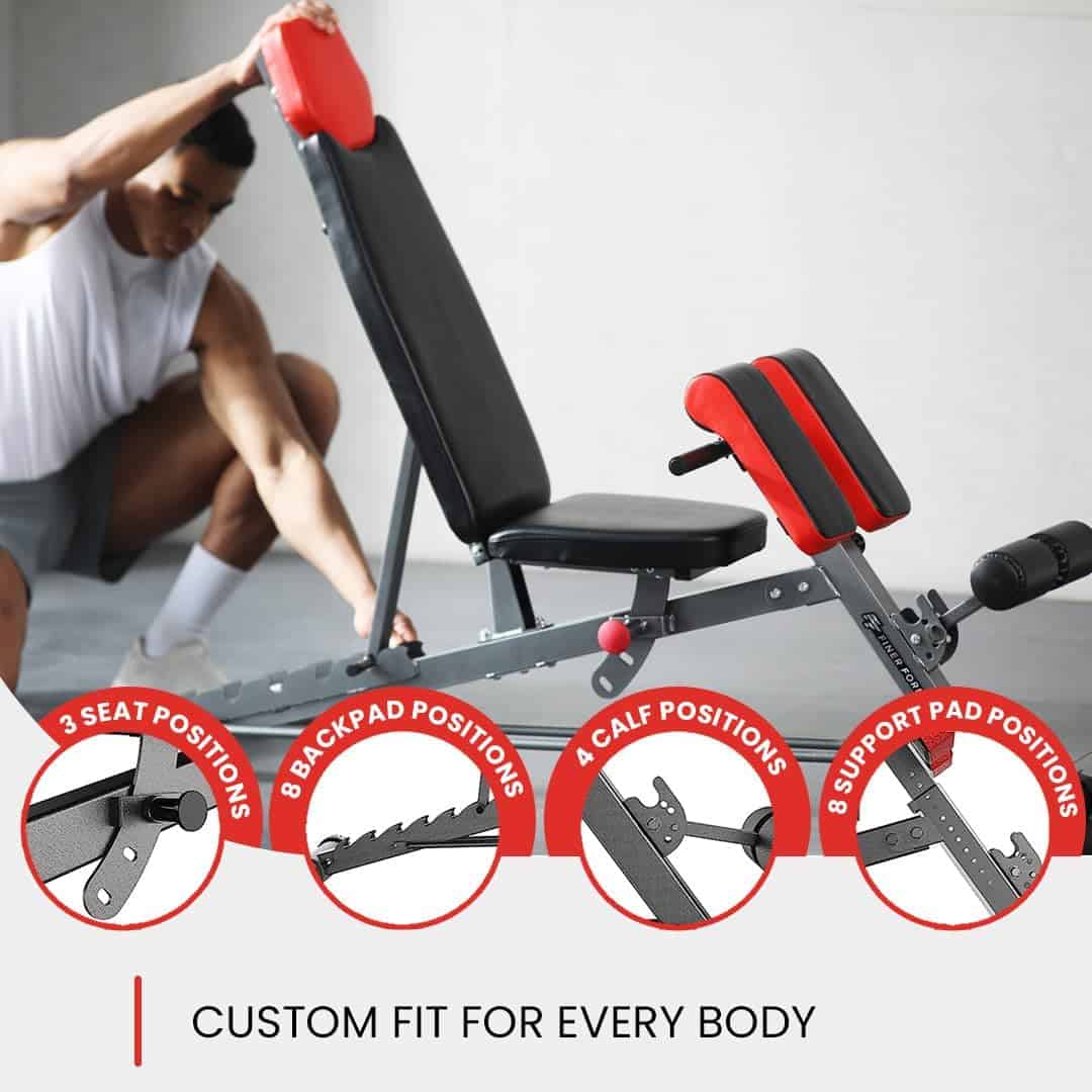 Adjustable weight bench with multiple position options and a person using it.