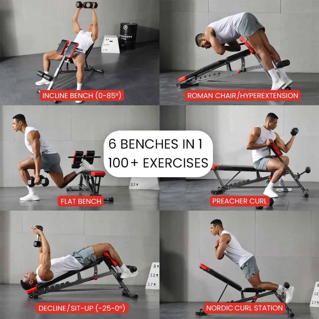 Multifunctional gym bench with various exercises demonstrated on a gray background