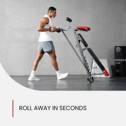 Man rolling a portable exercise bike in a gym setting with text 'Roll Away in Seconds'.