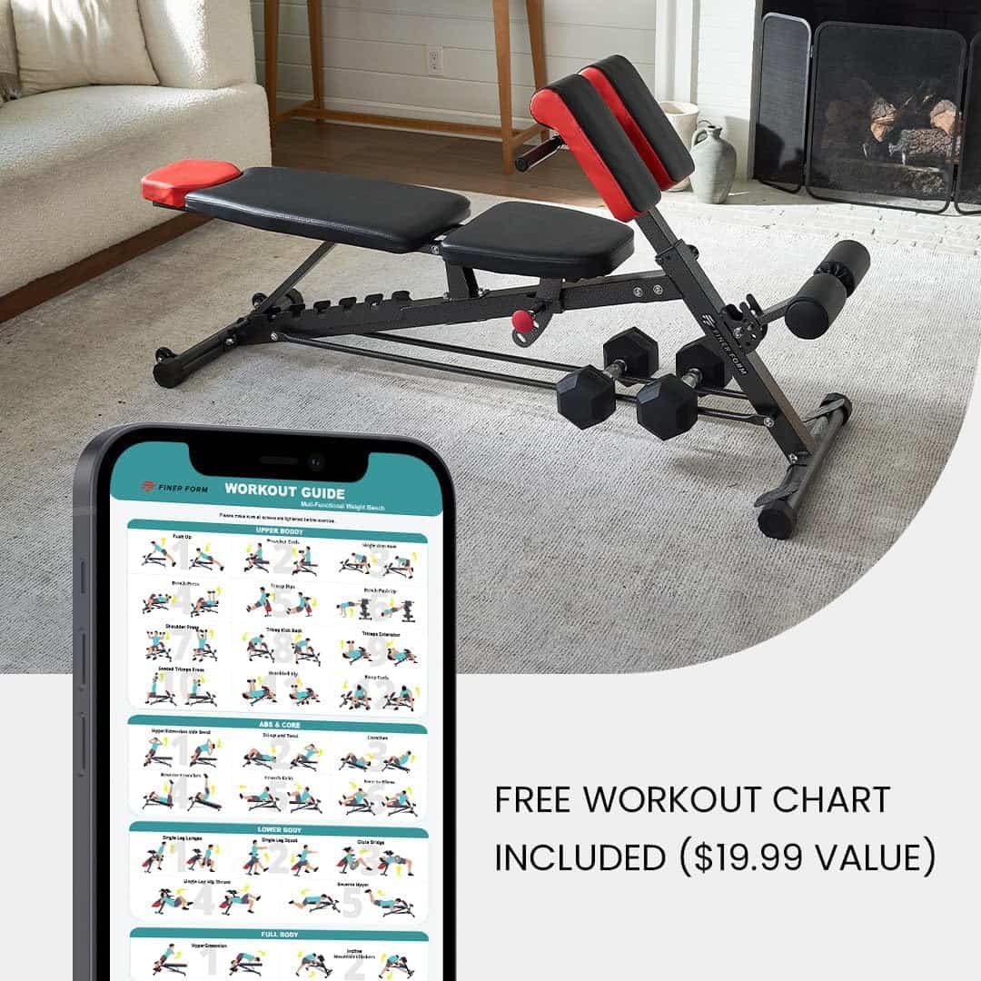 Dumbbell set on a weight bench with a smartphone displaying a workout guide app in a home setting.