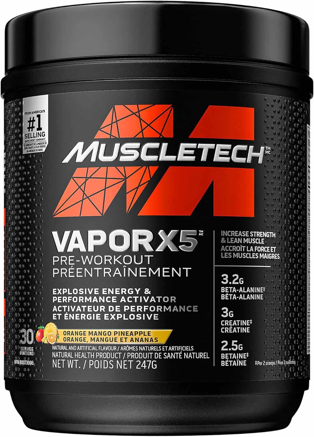 Muscletech VaporX5 pre-workout supplement container on a white background