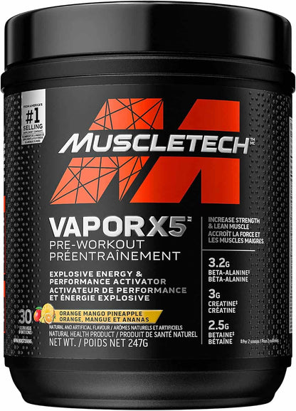 Muscletech VaporX5 pre-workout supplement container on a white background