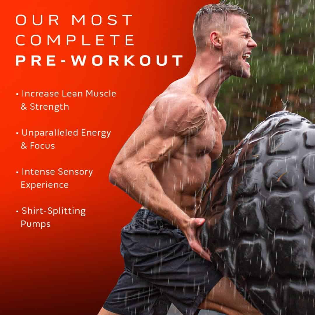Muscular man holding a large black weight with text about pre-workout supplement benefits on a red background