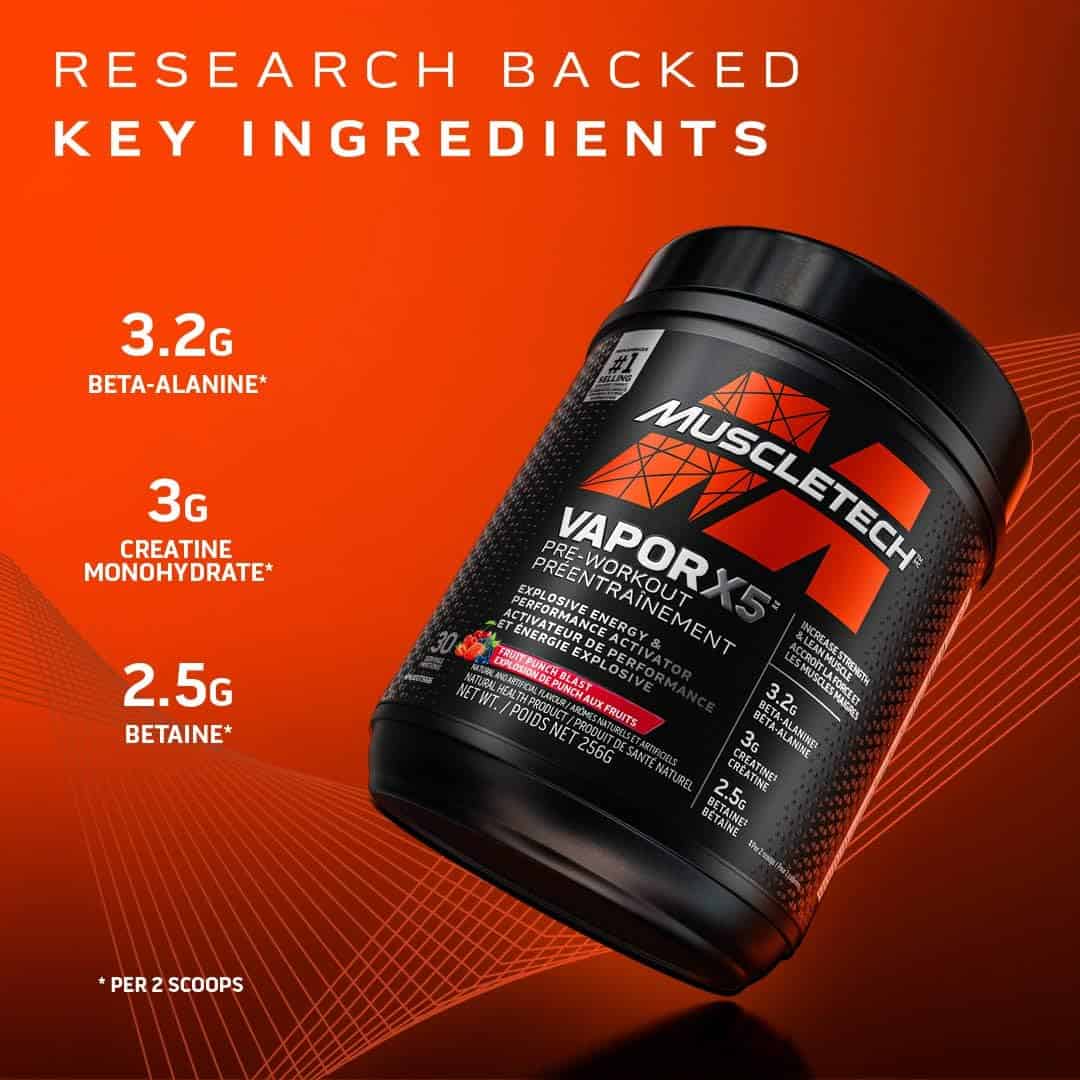 MuscleTech Vapor X5 pre-workout supplement container with key ingredients on an orange background