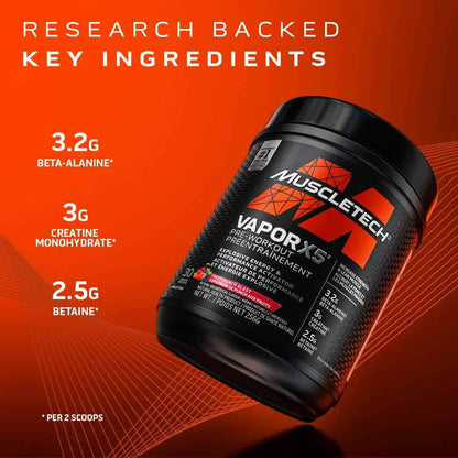 MuscleTech Vapor X5 pre-workout supplement container with key ingredients on an orange background