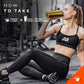 Woman in workout attire drinking from a gold supplement container in a gym setting