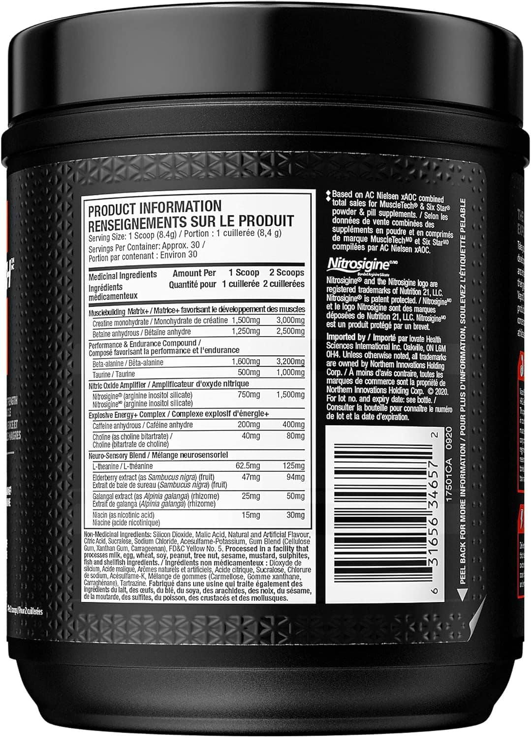 Black supplement container with product information label on a white background