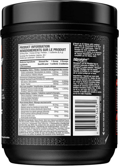 Black supplement container with product information label on a white background