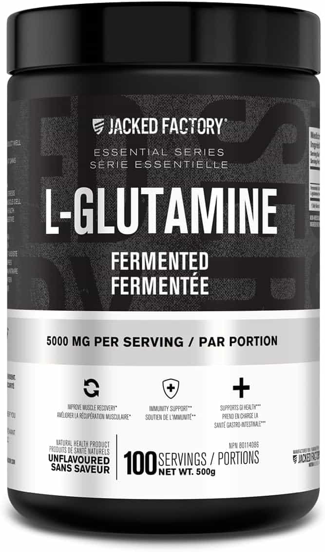 Jacked Factory L-Glutamine supplement container on a black background