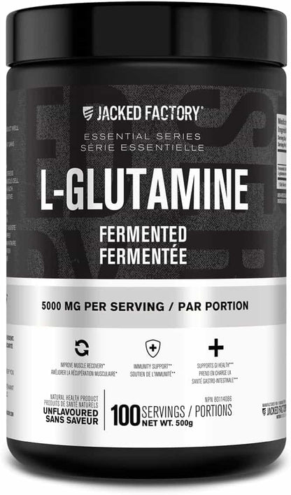 Jacked Factory L-Glutamine supplement container on a black background