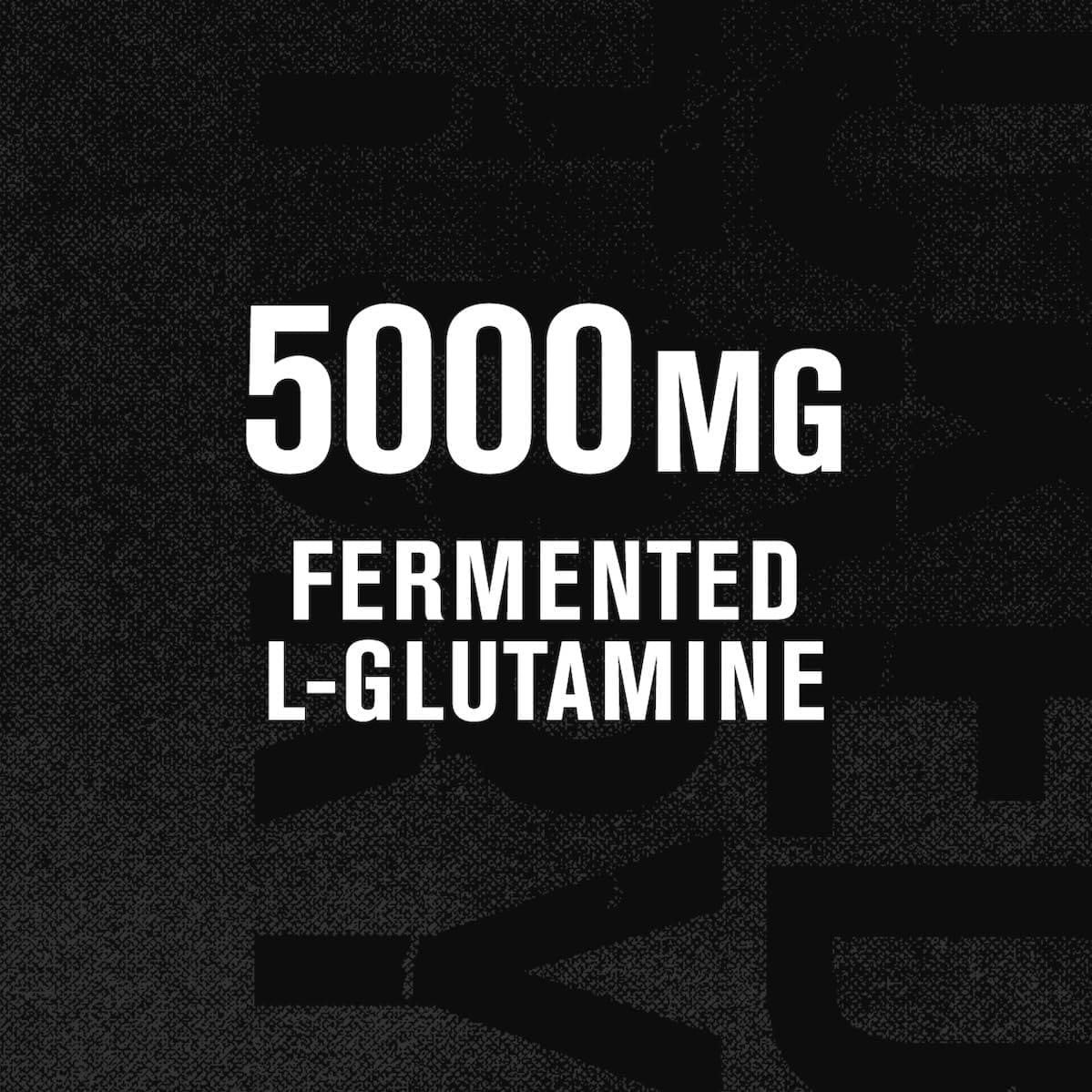 Text '5000 mg Fermented L-Glutamine' on a black background
