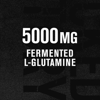 Text '5000 mg Fermented L-Glutamine' on a black background